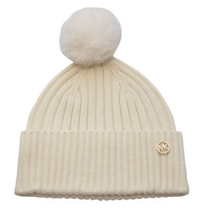 Michael Kors Pom-Pom Ribbed Knit Beanie Hat One Size Bone Nwt $98